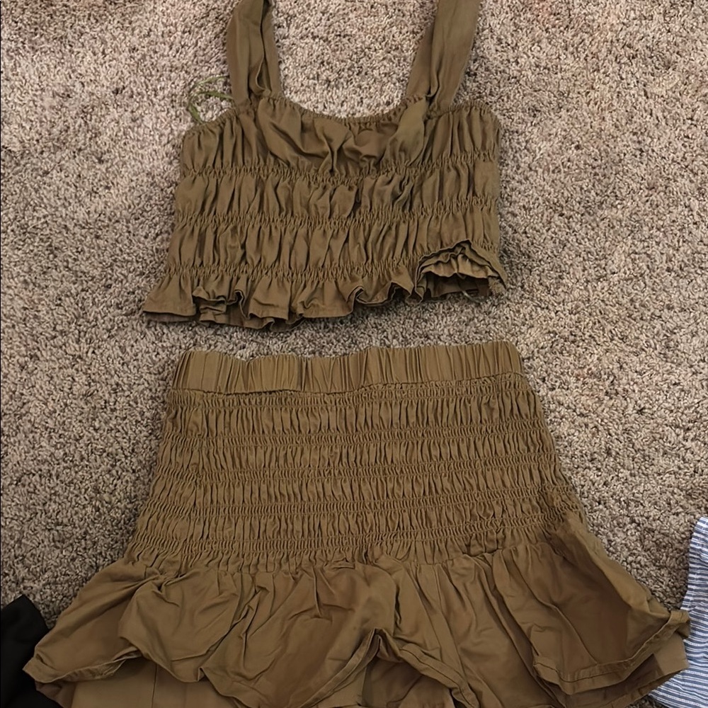 Olive Green Smocked Skirt Set